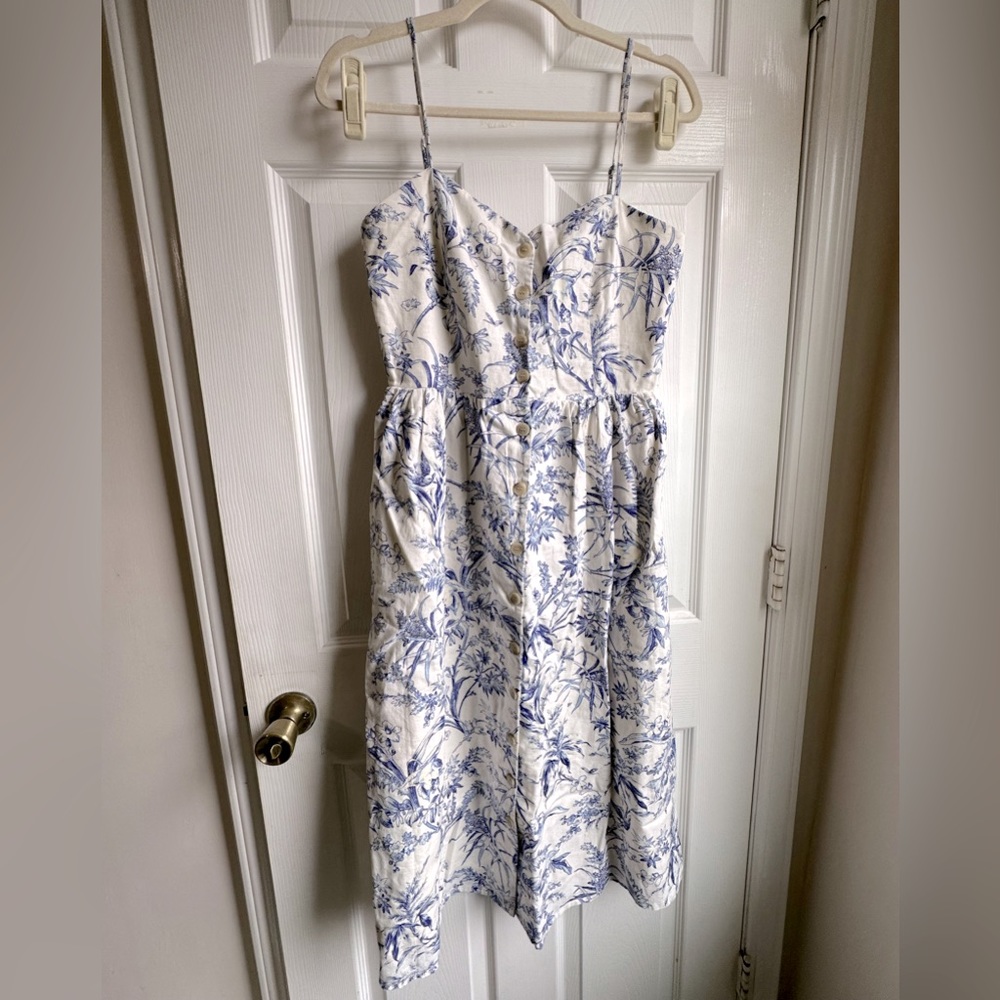 H&M White & Blue Floral Linen Blend Dress - Size S